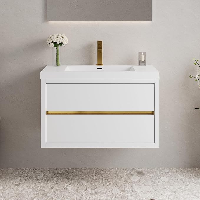 Abruzzo 36" Glossy White Wall-Mounted Bathroom Vanity with Sink – Stone Resin Countertop & Soft-Close Drawers, Waterproof Wood Cabinet for Small Bathrooms
