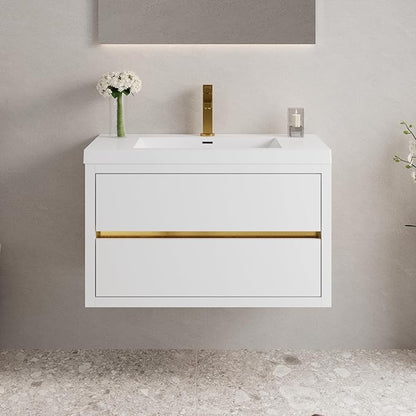 Abruzzo 36" Glossy White Wall-Mounted Bathroom Vanity with Sink – Stone Resin Countertop & Soft-Close Drawers, Waterproof Wood Cabinet for Small Bathrooms