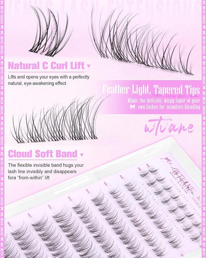 Natural Lash Clusters Wispy Eyelash Clusters Lashes DIY 8-14mm Venus Lash Extensions with 6mm Bottom Lash Clusters Invisible Band Lashes Short Cluster Eyelash Extensions Natural Look