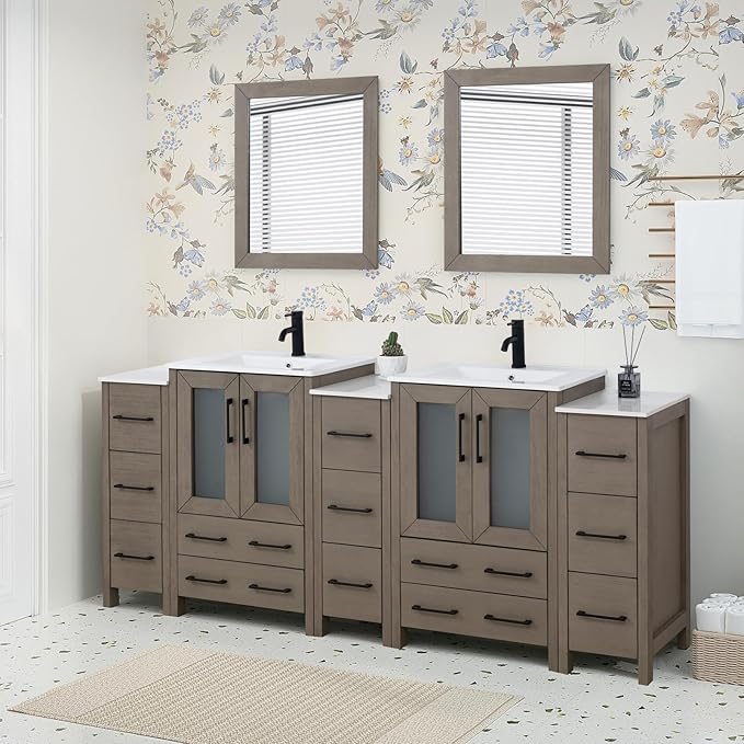 HOMEBEYOND 84 Inch Modern Bathroom Vanity with Sink & Mirror, Double Sink Vanity Cabinet with Basin and Mirror, Dove-Tailed Drawers, Soft-Closing Doors, Wood, Driftwood Gray