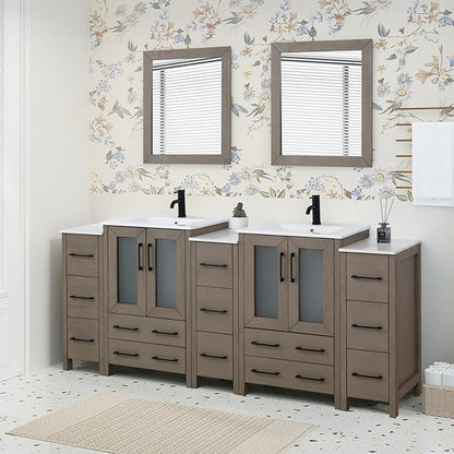 HOMEBEYOND 84 Inch Modern Bathroom Vanity with Sink & Mirror, Double Sink Vanity Cabinet with Basin and Mirror, Dove-Tailed Drawers, Soft-Closing Doors, Wood, Driftwood Gray