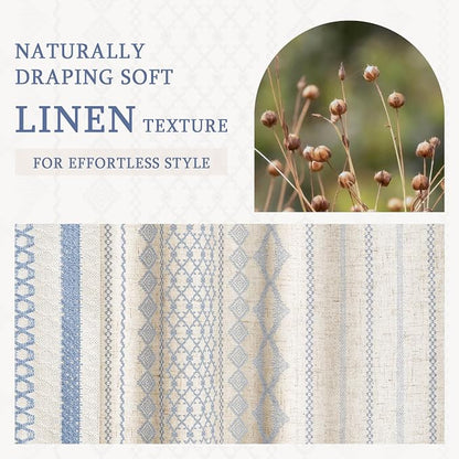 Light Blue Boho Linen Shower Curtain,72" W x 72" L | Linen Striped Print and Twine-Inspired Woven Center for Bathroom