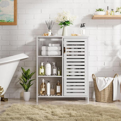 HITNET Bathroom Cabinet Freestanding, Bamboo Floor Cabinet, Side Storage Organizer with Door and 3 Shelves, Living Room Kitchen Cupboard, White