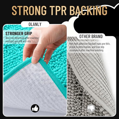 OLANLY Thick Bathroom Runner Rugs 59x20, Soft Chenille Long Bath Rugs, Teal | Absorbent Striped, Rubber Backing, Machine Wash, Bath Mats for Bathroom Floor, Tub and Shower, Home Decor Accessories