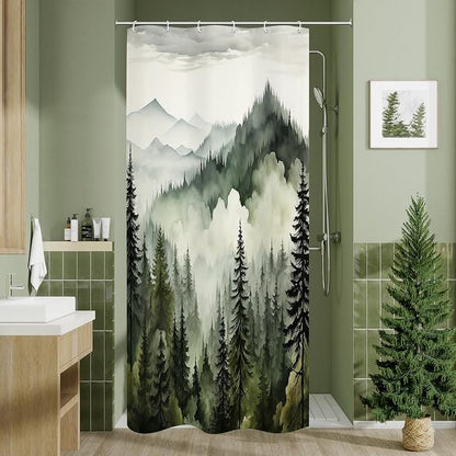 Litabel Dark Green Small Stall Misty Pine Forest Shower Curtain 36 x 72, Mountain Foggy Woodland Scenery Tree Narrow Half Size Shower Curtains for Bathroom, Abstract Waterproof Nature-Themed Decor