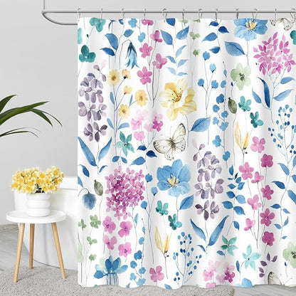 Extra Long Shower Curtain 72 x 96 Inch, Floor to Ceiling X-Long Blue Pink Floral Shower Curtains, Watercolor Flower Butterfly Fabric Shower Curtain Set with Hooks