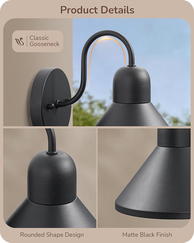 EDISHINE 2 Pack Outdoor Wall Light, 8IN Gooseneck Barn Light Fixture, Farmhouse Outside Wall Sconce, Black Matte Wall Mount Lantern for Porch, Entryway, Garage
