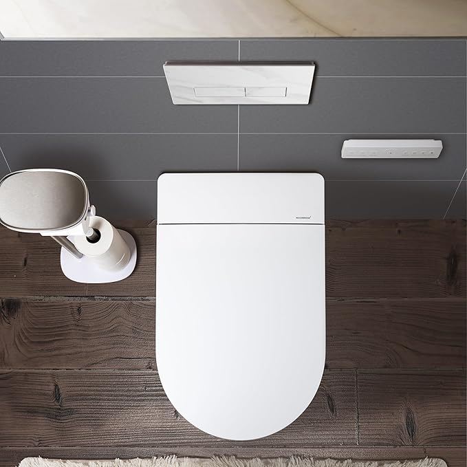WOODBRIDGE Wall-Hung Smart Toilet with Dual-flush, Bidet Wash Function, Heated Seat & Dryer, Concealed Tank system and White Marble Stone Slim Flush Plates, LT611+ SWHT611+FP611-WH