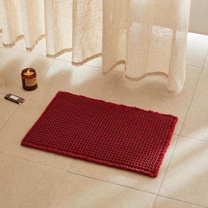TYUU Waffle Bath Mat, Small Boho Bathroom Rugs Non Slip 24x16 Burgundy | Super Absorbent Quick Dry Bath Rug, Non-Slip Backing, Soft Waffle Washable Farmhouse Bathroom Mats, Tub, Shower & Home Decor