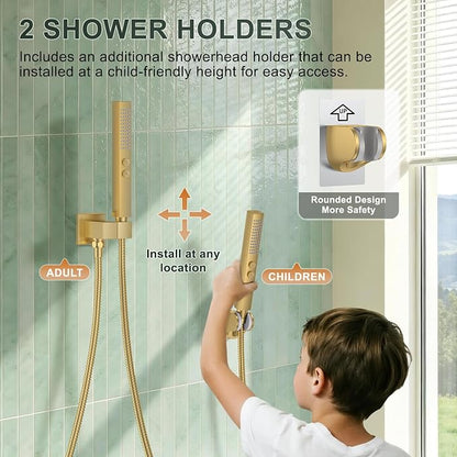 Rain Shower System with Rough-in Valve, Wall Mount Shower Faucet Set with 12" & 6" Dual Rain Shower Heads, 2-in-1 Handheld Shower, Tub Spout, 4-Function Complete Shower Fixture, Brushed Gold