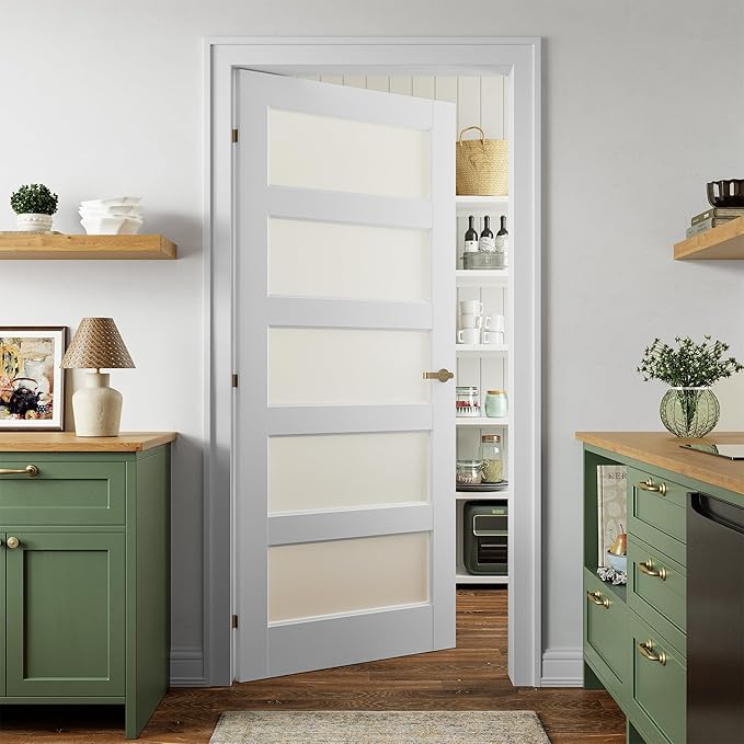 SMARTSTANDARD 36" x 80" Frosted Glass Pantry Door, Solid Core Slab Door | Need to Assembly, 5-Panel without Hardware, French Interior Door for Pantry Pocket, White Primed
