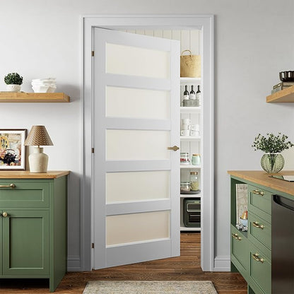 SMARTSTANDARD 36" x 80" Frosted Glass Pantry Door, Solid Core Slab Door | Need to Assembly, 5-Panel without Hardware, French Interior Door for Pantry Pocket, White Primed