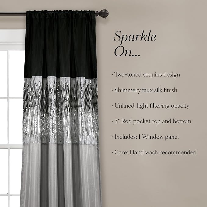Lush Decor Night Sky Window Curtain Panel, Single 42"W x 84"L Black & Gray - Sequin Backdrop Curtain - Room Darkening Curtains For Bedroom - Glam Decor