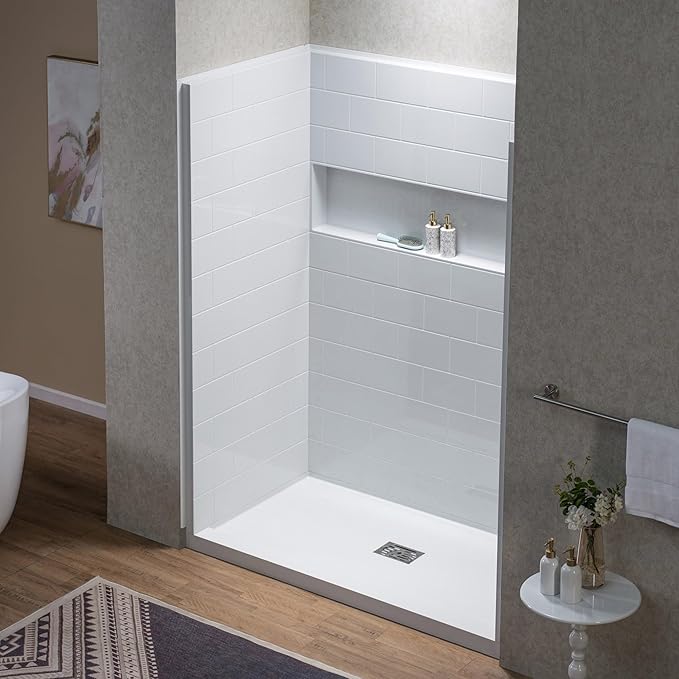 WOODBRIDGE 60"L x 32"W Shower Combo Kits with Glue Up Shower Walls in Glossy White and Shower Base with Center Drain in White