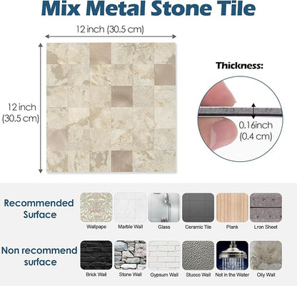 Yipscazo 20-Sheets Peel and Stick Backsplash Mosaic Tile Stainless Steel Kitchen Backsplash Stone Beige Stick on Tiles for Kitchen, Bathroom, Laundry Room, Camper, Fireplace