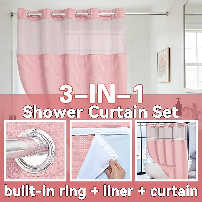 Conbo Mio Extra Long No Hook Waffle Weave Shower Curtain with Snap in Liner Set, Hotel Luxury Pink Shower Curtains for Bathroom with See Through Top Window, Waterproof, Washable 71W x 84H