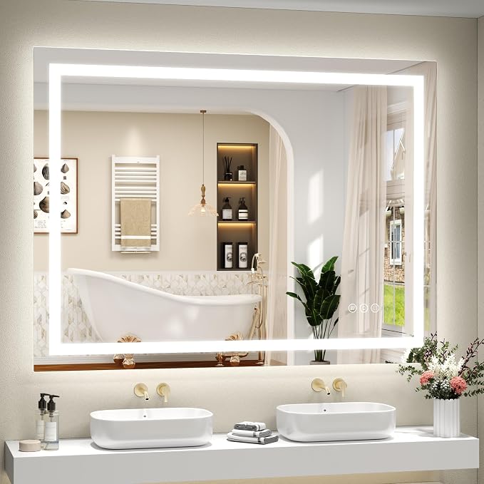 48x36 LED Lighted Bathroom Mirror for Vanity Wall | Front Light and Backlit, Anti-Fog, Memory, 3 Color, Tempered Glass, Dimmable, Rectangular, UL, Horizontal/ Vertical Mounted