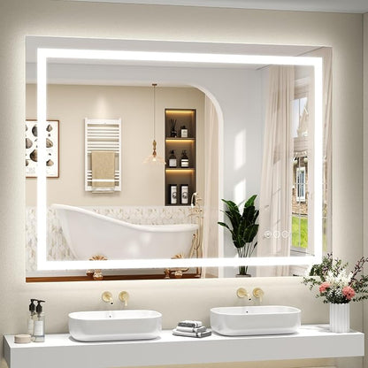 48x36 LED Lighted Bathroom Mirror for Vanity Wall | Front Light and Backlit, Anti-Fog, Memory, 3 Color, Tempered Glass, Dimmable, Rectangular, UL, Horizontal/ Vertical Mounted