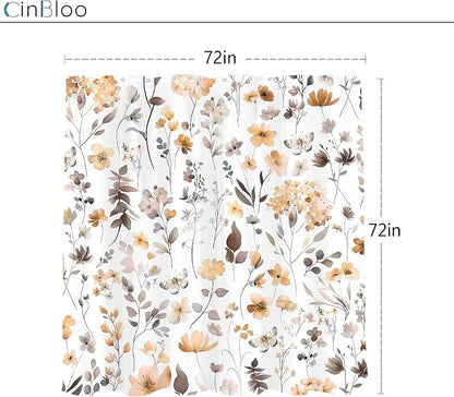Cute Floral Orange Flower Watercolor Wildflower Bathroom Shower Curtain Set | 72"W x 72"H Butterfly Plants; waterproof HD print, quick-dry fabric and plastic hooks for easy setup.