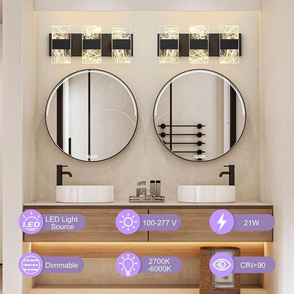 Modern LED Bathroom Light Fixtures Dimmable 3-Light Black Vanity Light, 5CCT Adjustable Lighting Fixture Vanity Lights Over Mirror, Smoked Acrylic LED Vanity Lights for Bathroom