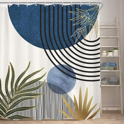 Mid Century Blue Green Boho Abstract Modern Bathroom Shower Curtain Set | 72Wx78H Sun Arch design, waterproof HD print with fast-drying fabric and 12 hooks.