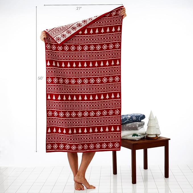 SKL Home Christmas/Winter Fair Isle Bath Towel, 100% Cotton Jacquard, Red | 500 GSM. Soft & absorbent terry with reversible pattern. Great for holiday gifting.