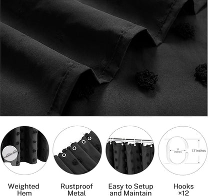 Black Boho Shower Curtain Woven Fabric Cute Shower Curtain, 72 x 72 Tufted Pleat Floral Textured Modern Farmhouse Minimalist Shower Curtain Set with Hooks for Bathroom