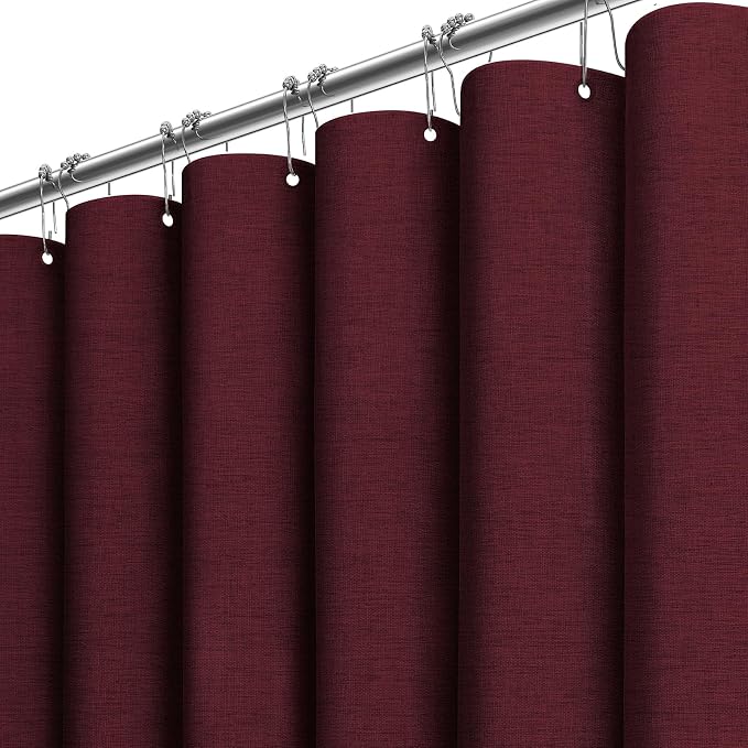 Long Linen Textured Waterproof Shower Curtain Set, 72x84, Burgundy | Tall Size, 230GSM Polyester, Heavy Duty Cloth, Weighted Hem, 12 Plastic Hooks, Modern Luxury Hotel Style, Machine Washable