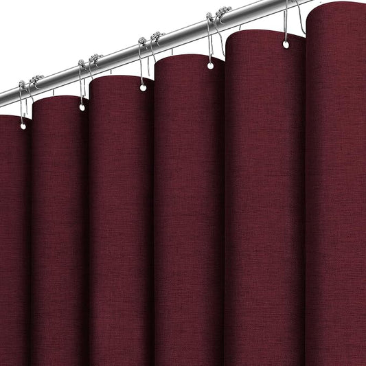 Long Linen Textured Waterproof Shower Curtain Set, 72x84, Burgundy | Tall Size, 230GSM Polyester, Heavy Duty Cloth, Weighted Hem, 12 Plastic Hooks, Modern Luxury Hotel Style, Machine Washable