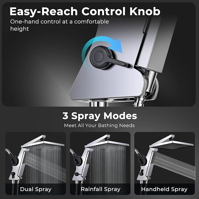 MakeFit Filtered Rain Shower Head with Handheld Combo High Pressure 12'' Rainfall Shower Heads & Hidden Detachable Wand Dual Showerhead Water Softener for Hard Water Easy Filter Replacement