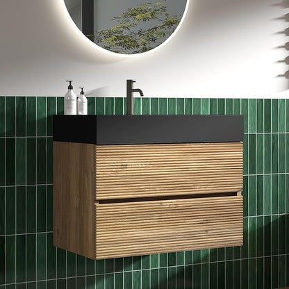 30 Inch Floating Bathroom Vanity with Black Sink, Modern Wall Mounted Floating Vanity with 2 Soft-Closing Drawers, Large Storage for Apartment, Hotel, Rough Oak