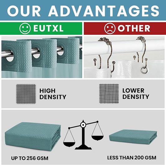 EUTXL Heavyweight Waffle No Hook Shower Curtain with Liner, Teal, 71x74 | Snap in Liner, 256GSM, Thick, Hotel Luxury Spa, Waterproof Fabric, Corner Magnets, 3 in 1 Set, Washable, Hang in Seconds
