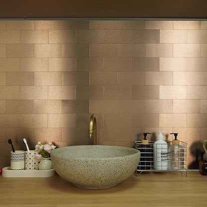 Vamos Tile 100-Piece Peel and Stick Backsplash Seamless Tile,3''x6'' Brushed Rose Gold Metal Subway Tile,Stick on Backsplash for Kitchen/Bathroom/Laundry Room
