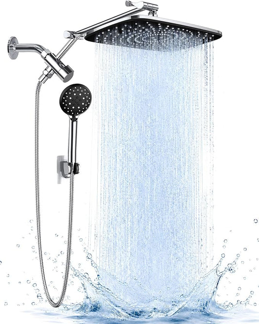 Veken 11.8" High Pressure Shower Head with Handheld, Metal Core Fittings | Handheld Shower Heads with Multi Spray Modes, Rainfall Combo, Detachable Dual Shower, Bathroom Decor, Durable, Chrome Silver
