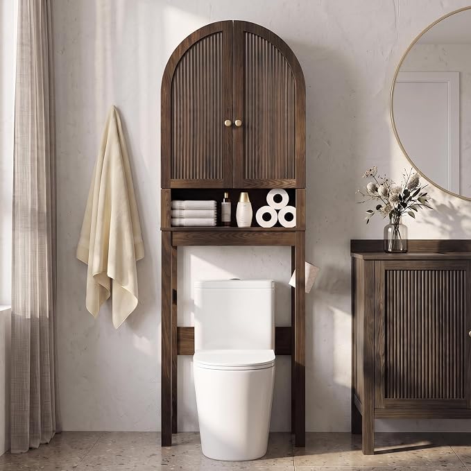 HMstone Over The Toilet Storage Cabinet, Arched Bathroom Organizer and Storage with Doors and Adjustable Shelf, Space-Saving Freestanding Bathroom Modern Storage Cabinet Over Toilet (Walnut)