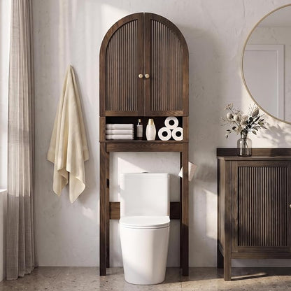 HMstone Over The Toilet Storage Cabinet, Arched Bathroom Organizer and Storage with Doors and Adjustable Shelf, Space-Saving Freestanding Bathroom Modern Storage Cabinet Over Toilet (Walnut)