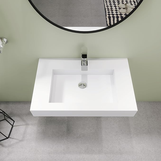 SJ Star&Jane 29" x 19" in Solid Surface Bathroom Sink, Wall-Mount or Countertop Vessel Sink, Rectangle Floating Vanity Sink, Pre-installed Faucet Holes, Durable Modern Design