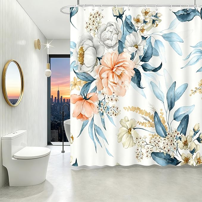 Floral Flower Fabric Shower Curtain with 12 Hooks, 120GSM, 72x72 | Printed Botanical Bathroom Curtain,Polyester Shower Curtain Water-resistant
