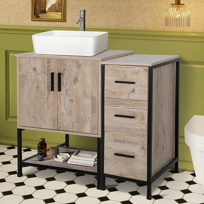 UEV 36" Bathroom Vanity, Oak Color Bathroom Vanity Set with Sink and 3 Drawers Side Cabinet Combo, with Adjustable Water Temperature Faucet (T03)