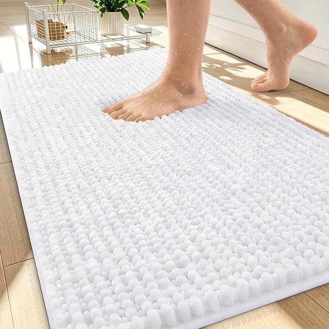 OLANLY Thick Chenille Bathroom Rugs 30x20, Soft Absorbent Bath Mat, White | Bath Rugs, Rubber Backing, Machine Wash Dry, Bath Mats for Bathroom Floor, Tub and Shower, Home Decor Accessories