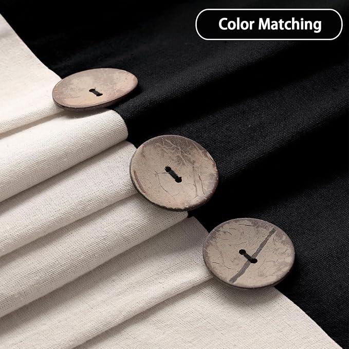 Farmhouse Shower Curtain Linen Button Black-Cream 72" W x 72" L | Farmhouse Style, Chic Button, Striped, Linen Fabric, Rustic, Country, Natural Look, Washable, for Bathroom Bathtub