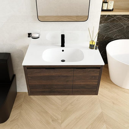 36 Inch Bathroom Vanity with Sink,Wall Mounted Bathroom Vanity Sink Combo w/Soft Close Door&Drawer for Large Space,Modern Floating Bathroom Vanity w/Top Basin&Brown Storage Cabinet