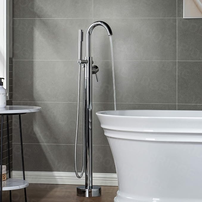WOODBRIDGE Contemporary Single Handle Floor Mount Freestanding Tub Filler Faucet with Hand shower in Chrome Finish,F0002CHRD