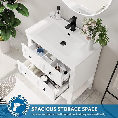 eclife 30" Bathroom Vanity with Sink Combo, Modern Painted Vanities Cabinet with Big Drawers, Opening Bottom Shelf, Raised Foot Pads, Include Undermount White Sink, Faucet & Drain, White