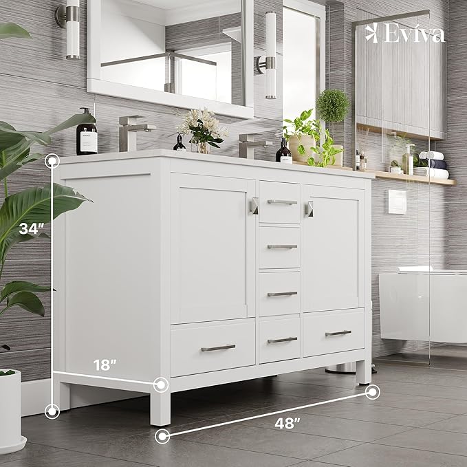 Eviva London 48 in. White Double Sink Bath Vanity with Carrara Quartz Top and Undermount Porcelain Sinks