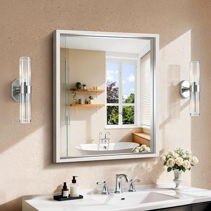 CIRCUMI 24"x30" Brushed Silver Bathroom Mirror, Rectangular Vanity Mirror | Chunky Box Metal Frame, Shatterproof, Tempered Glass, Bathroom Remodel&New Home,Wall Mirror for Over Sink,Living Room,Hallway