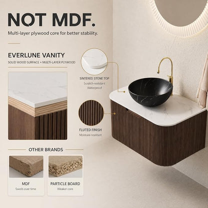 30 Inch Bathroom Vanity with Sink, Floating Wall Mounted Single Sink Vanity, Dark Walnut Curved Fluted Front, Stone Top, Black Marble Vessel Basin, Pre-Assembled