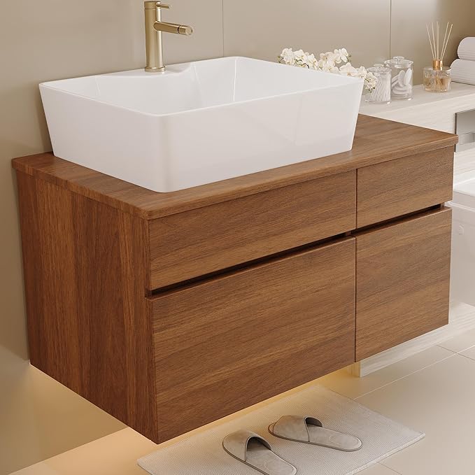 31.5 inch Wood Bathroom Vanity with Sink Combo, Wall Mounted Bathroom Cabinet with Ceramic Vessel Sink, 2 Soft Close Doors & Sliding Drawer, Floating Modern Bathroom Vanity for Small Space, Walnut