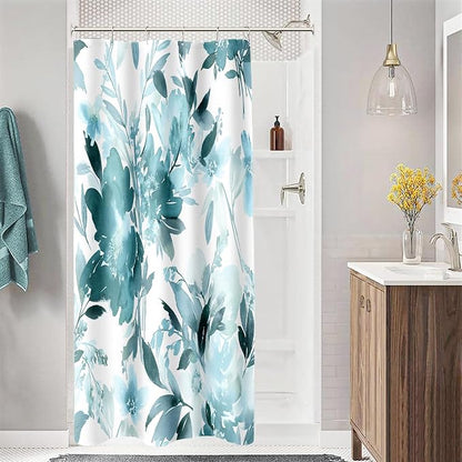 Small Stall Shower Curtain 36x72 Inch Half Narrow Watercolor Floral Decor | Teal Blue Modern Abstract Flower Dorm Bathroom Shower Curtain Set with Hooks