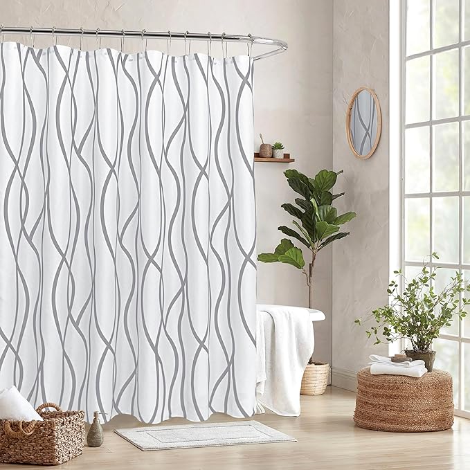 Fabric Modern Shower Curtain-Silver Grey & White Shower Curtains Bathroom | 72"W x 72"L Textured Faux Linen Luxury Hotel Quality Washable-Abstract Wavy Cloth Bath Curtain-Apartment Minimalist Decor